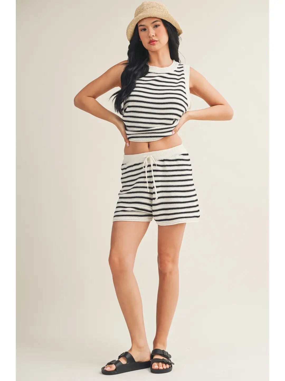 Black Striped Crochet Tank and Shorts Set