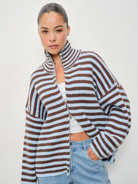 Zane Striped Mocked Neck Zip Up Jacket (Blue and Brown)