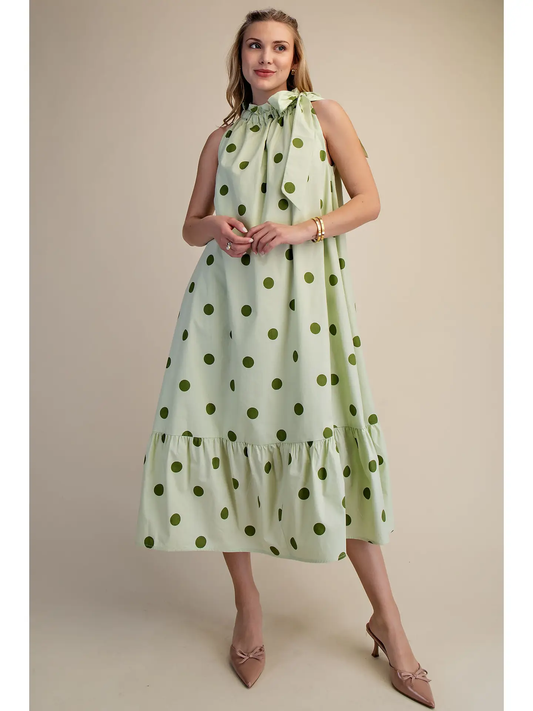 Ruffle Neck Tie Sleeveless Polka Dot Midi Dress