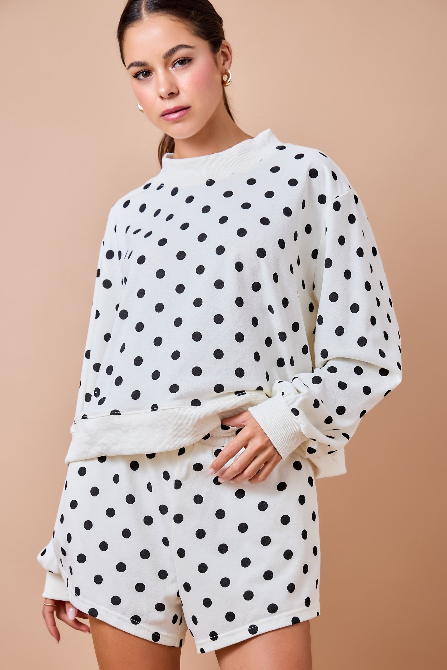 White Polka Dot Mock Neck Set