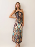 Butterfly Print Lace Trim Halter Maxi Dress