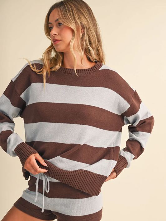 Ana Striped Slouchy Pull Over Sweater and Shorts Set