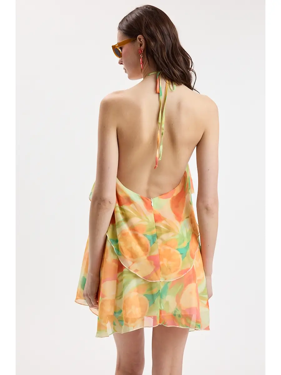 Cabana Orange Halter Tie Flower Brooch Mini Dress