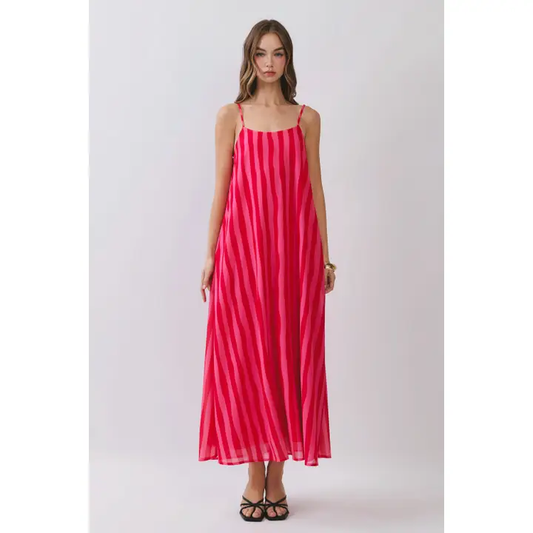 Pink Red Vertical Striped Scoop Neck Slip Maxi Dress