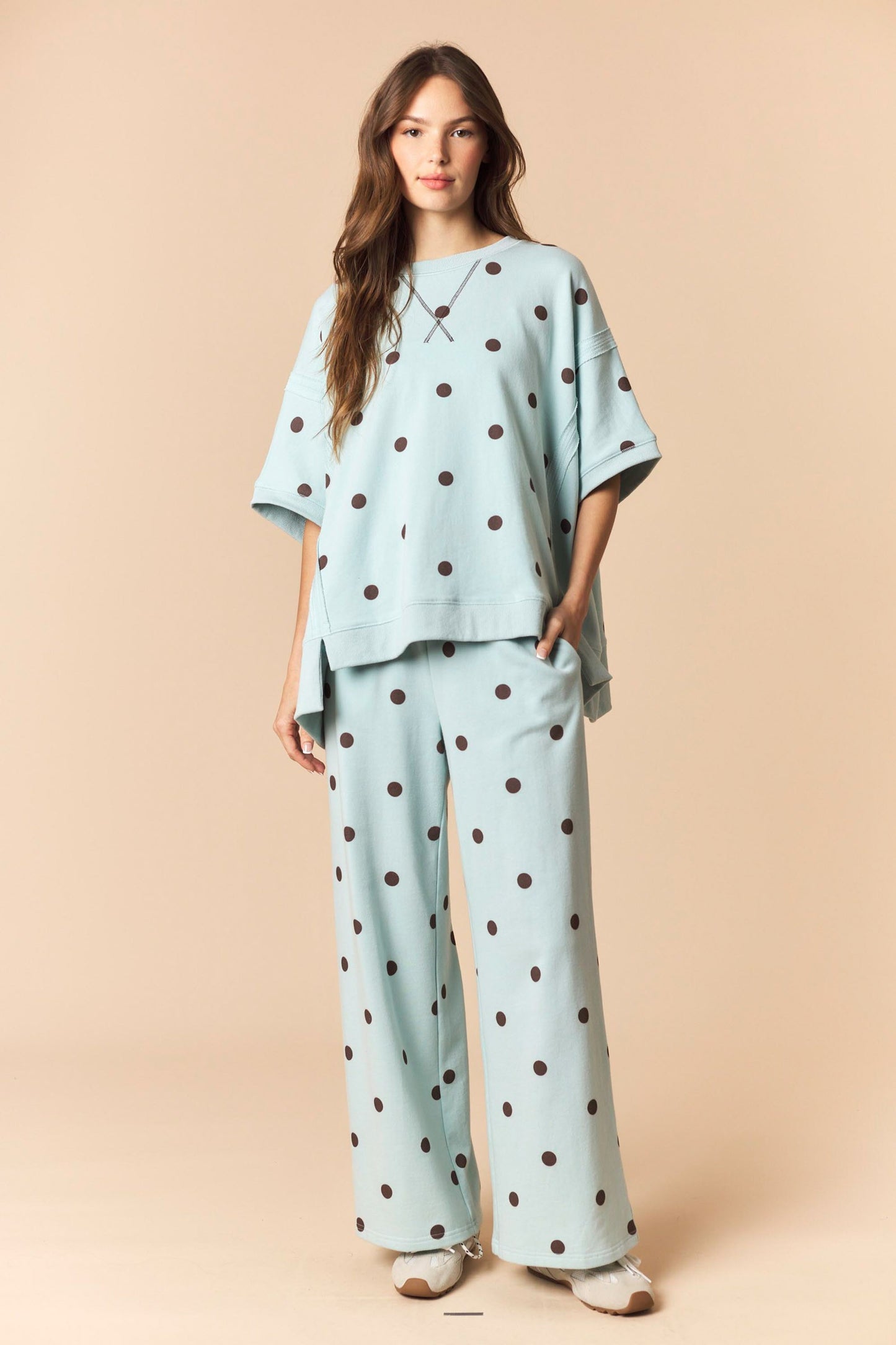 Polka Dot Dolman Sleeve Sweatshirt And Pants Set
