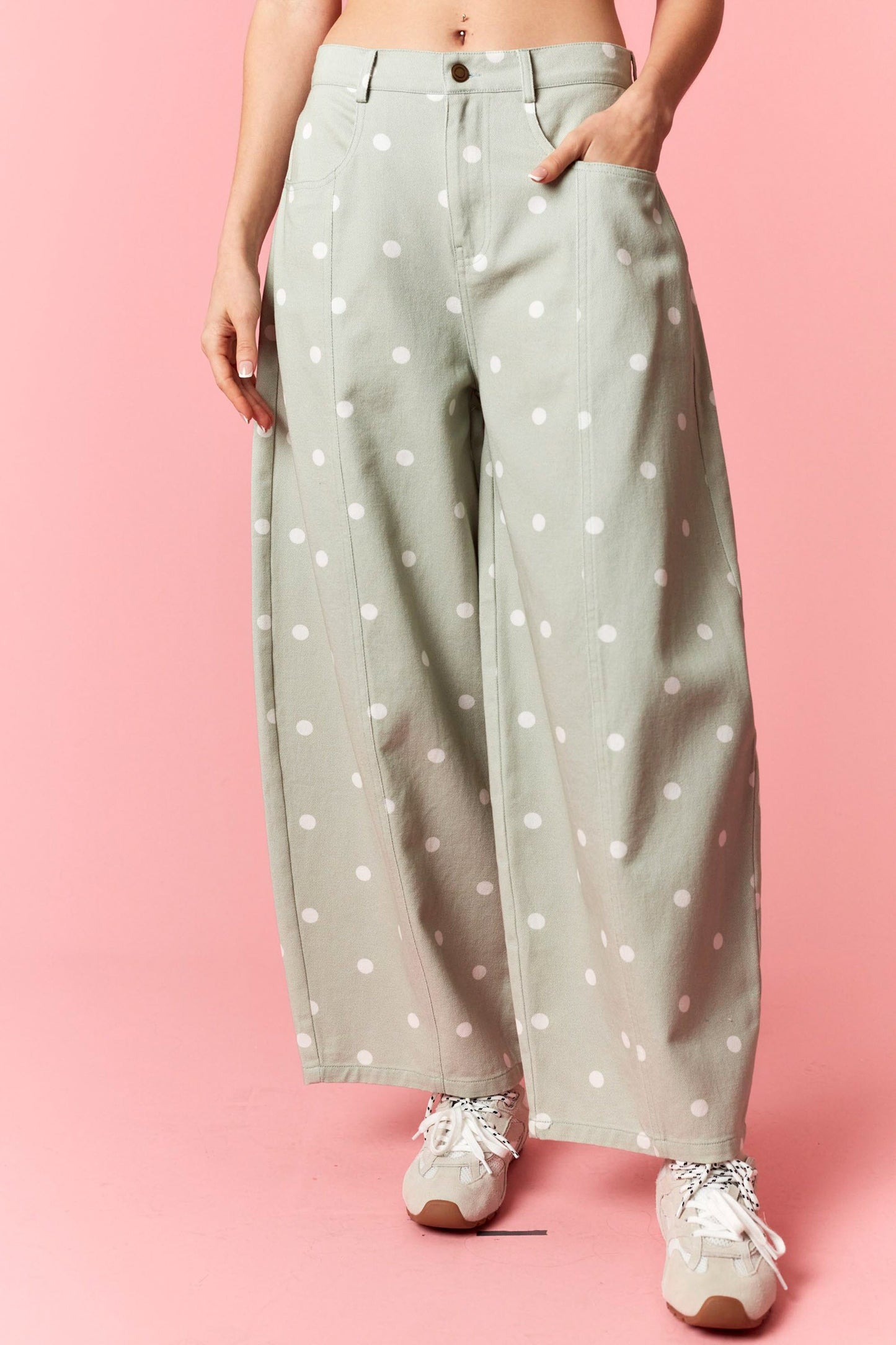 Sage Polka Dot Printed Wide Denim Pants
