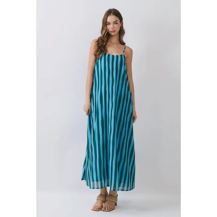 Blue Vertical Striped Scoop Neck Slip Maxi Dress