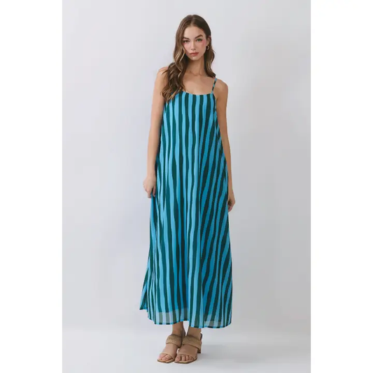 Blue Vertical Striped Scoop Neck Slip Maxi Dress