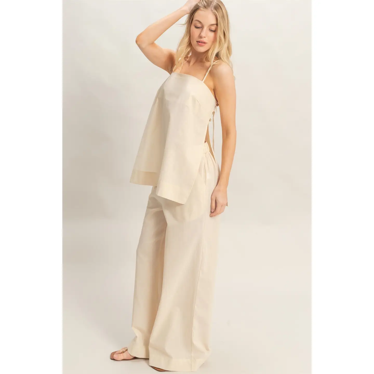 Spaghetti Strap Top & Wide-Leg Pants Set - Oatmeal