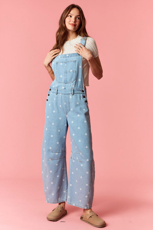 Polka Dot Utility Overalls In Light Denim