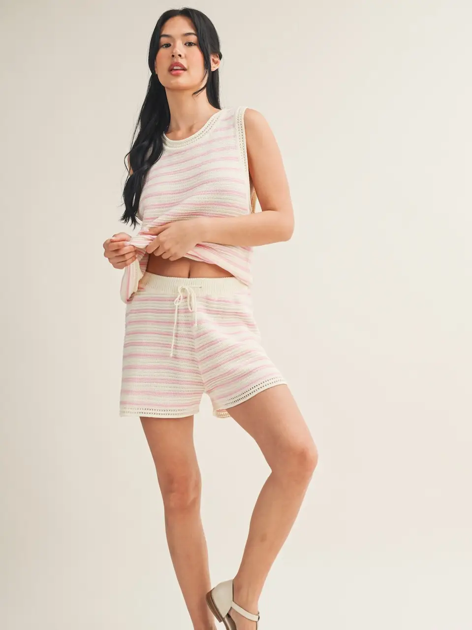 Pink Striped Crochet Tank and Shorts Set
