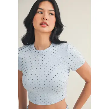 Polka Dot Soft Knit Jersey Crewneck Tee - blue