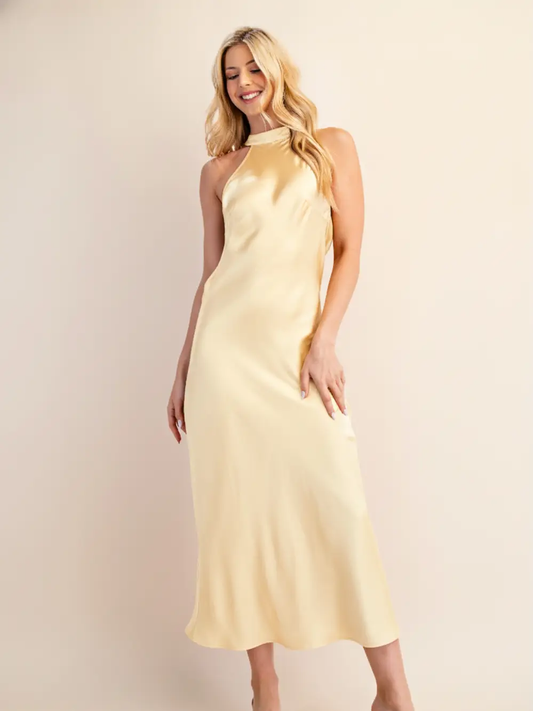 Halter Neck Open Back Dress - Yellow