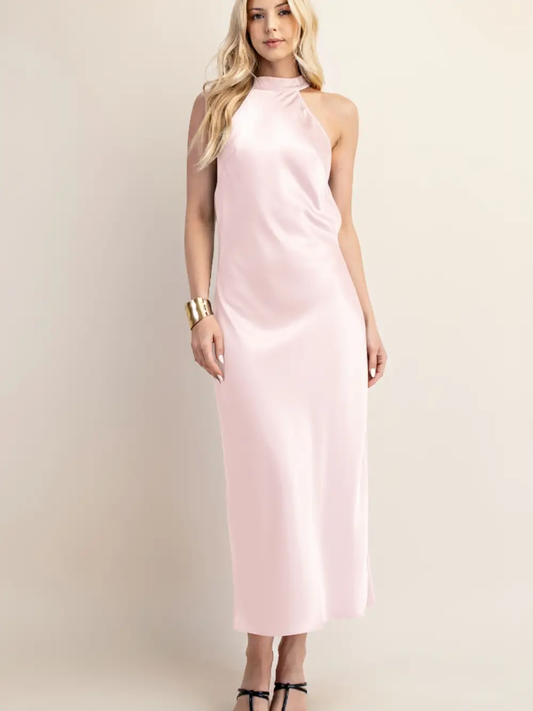 Halter Neck Open Back Dress - Baby Pink
