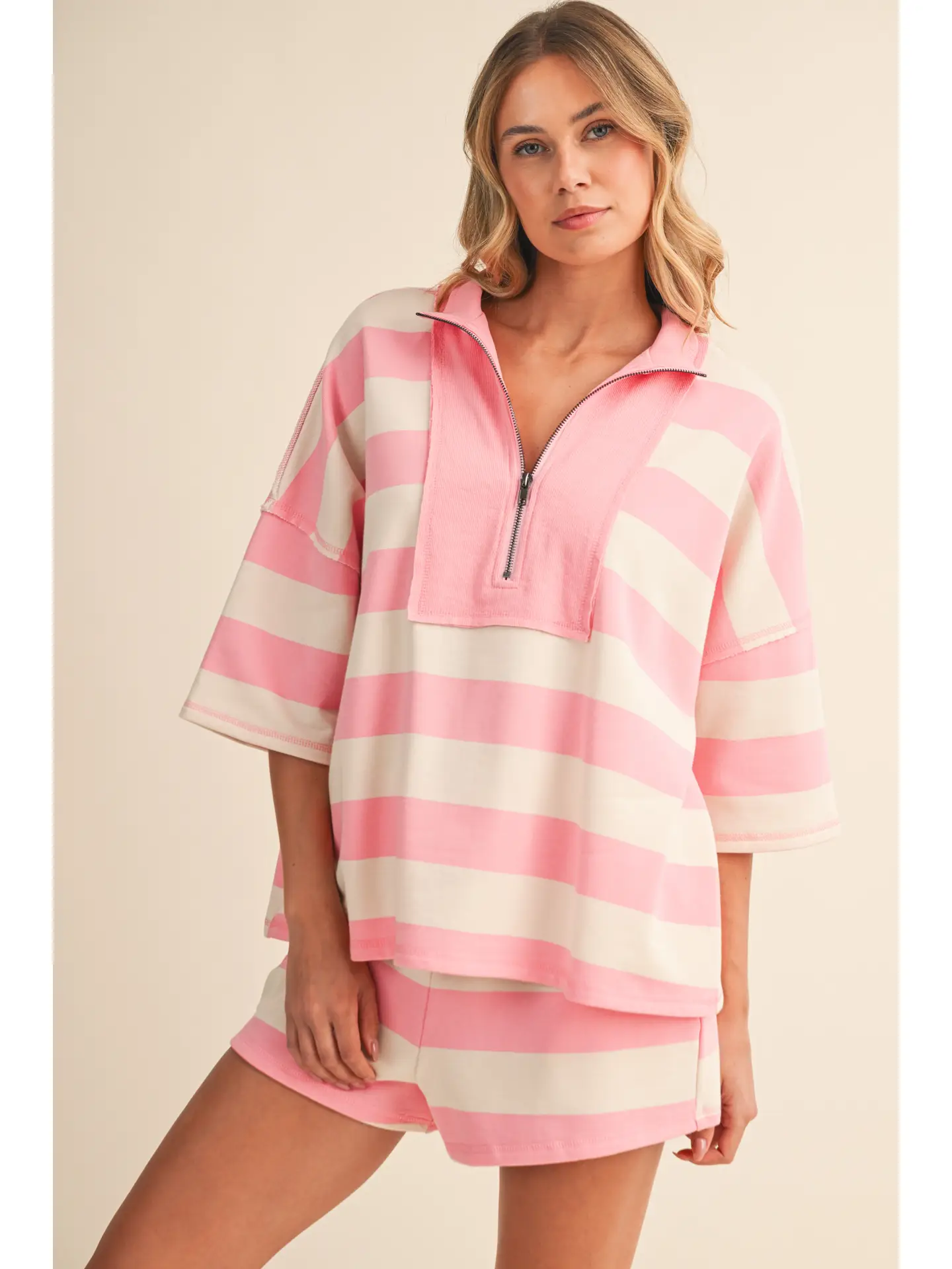 Bubblegum Striped Half Zip Top and Shorts Set