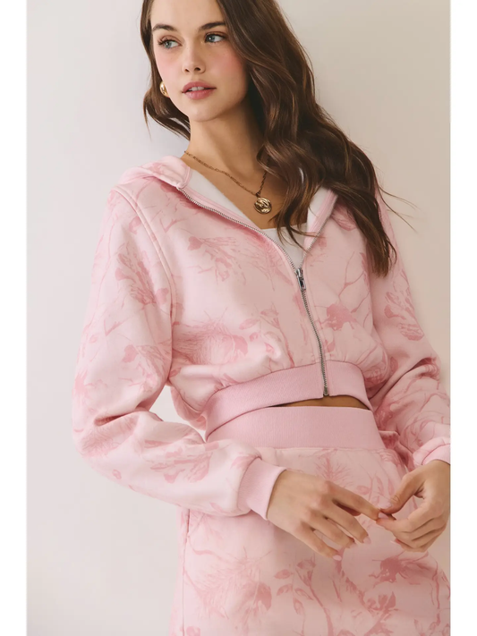 Camo Print Cropped Zip Up Hoodie Jacket