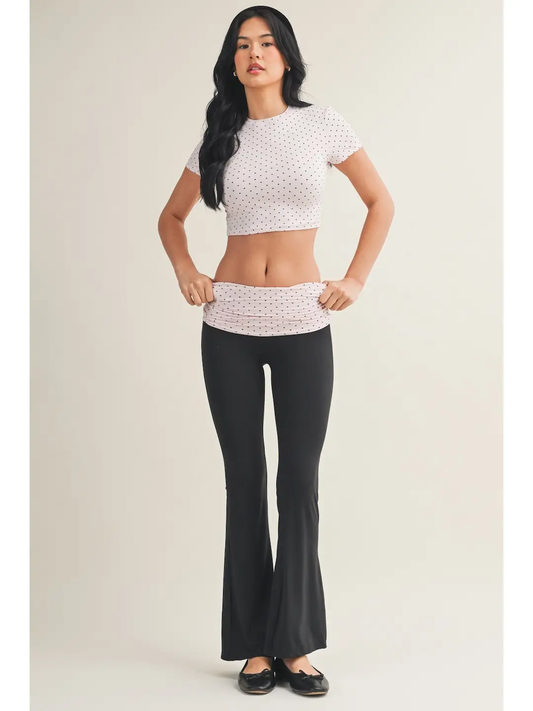 Polka Dot Soft Knit Foldover Flare Pants - Pink