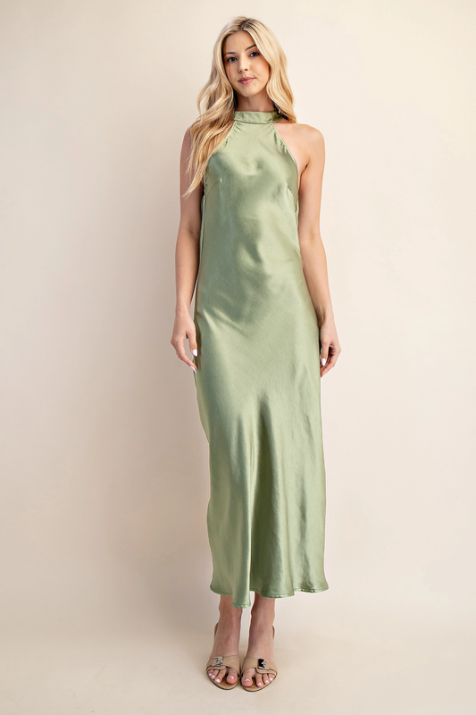 Halter Neck Open Back Dress - Green