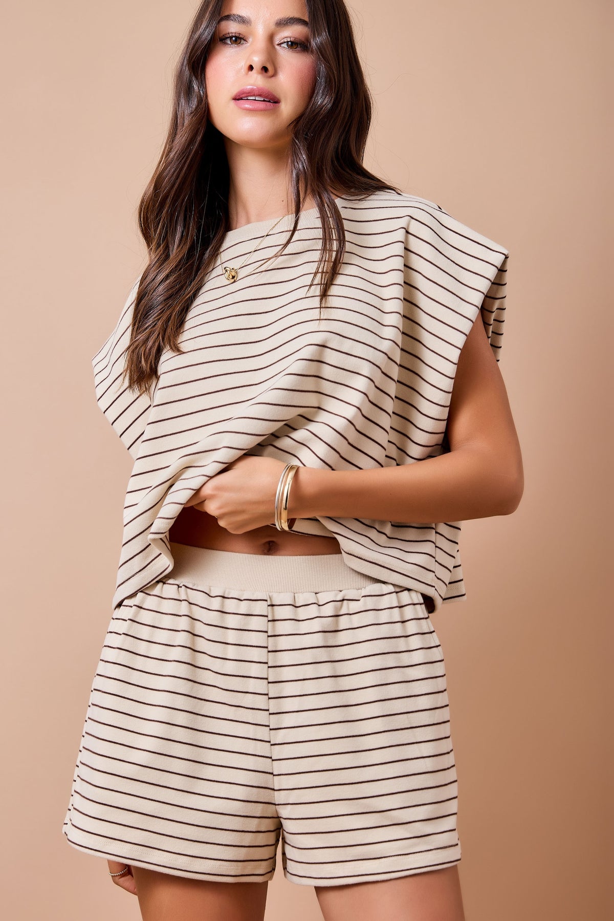 Valerie Stripe Skort Set Tan/Brown