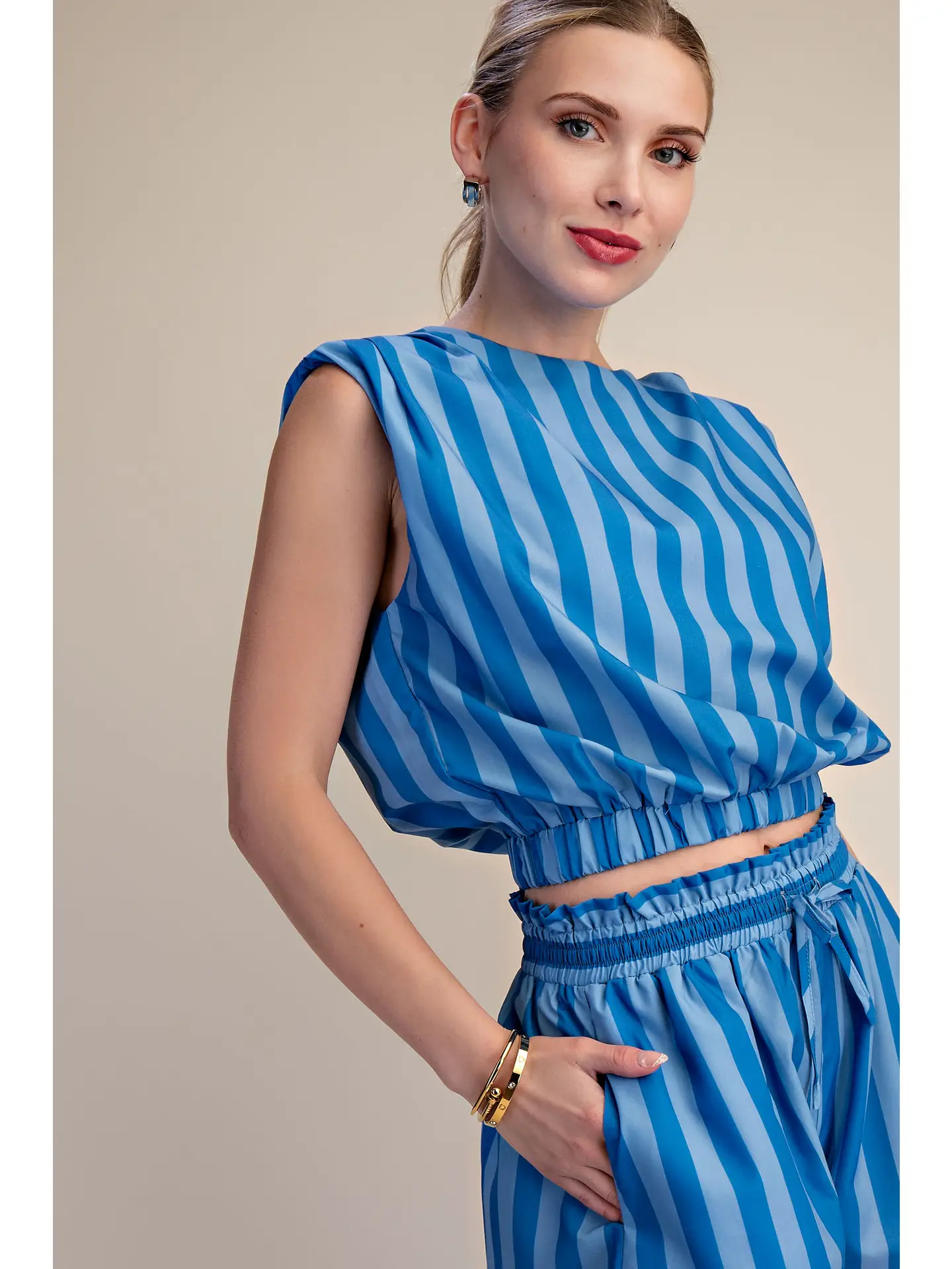 Royal Stripe Top with Padded Shoulder and Elastic Waist