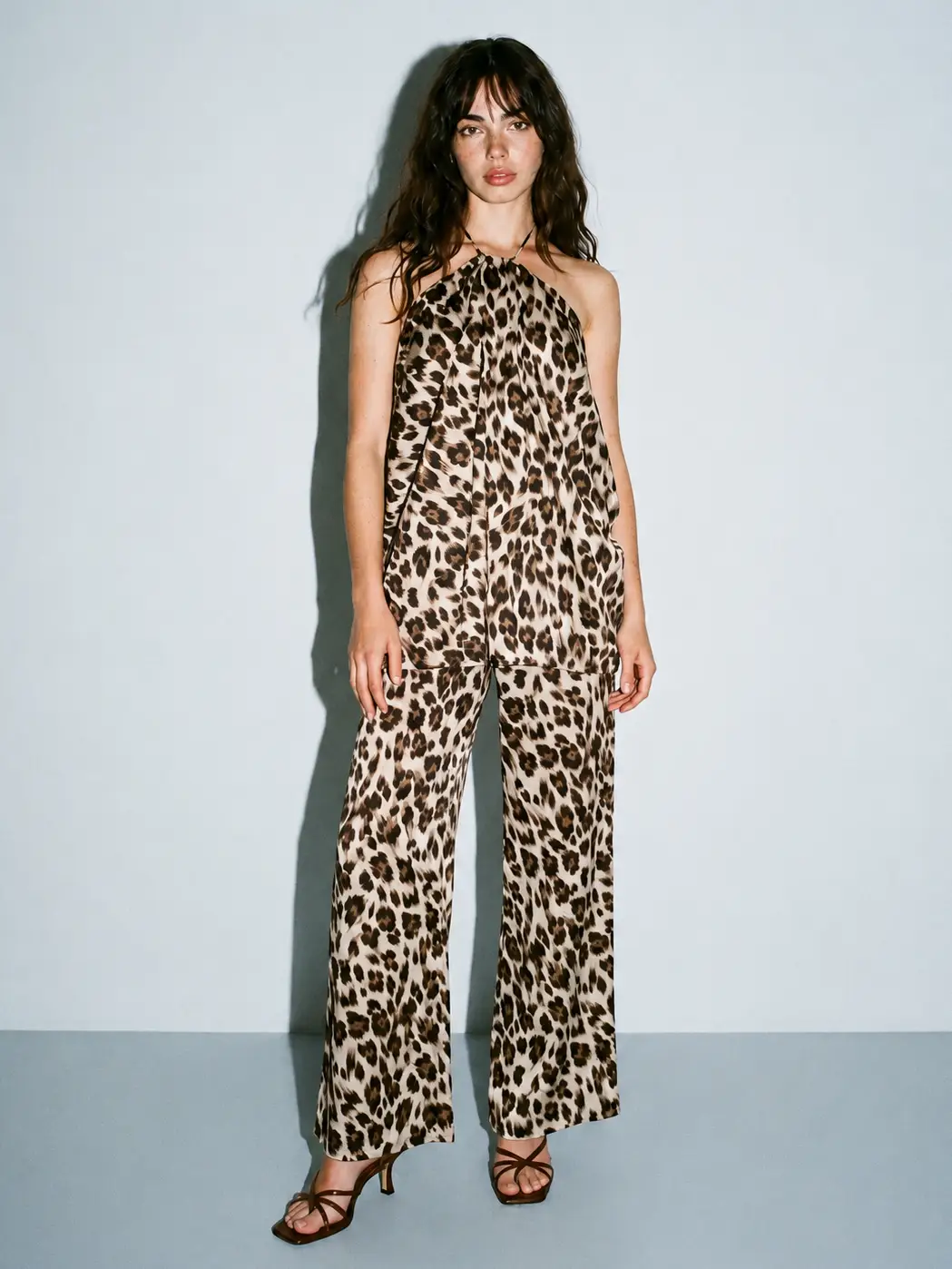 Leopard Drape Tunic Top and Wide Leg Pants Set