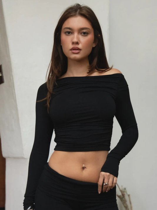 Jolina Boat Neckline Basic Casual Lounge Long Sleeve Top