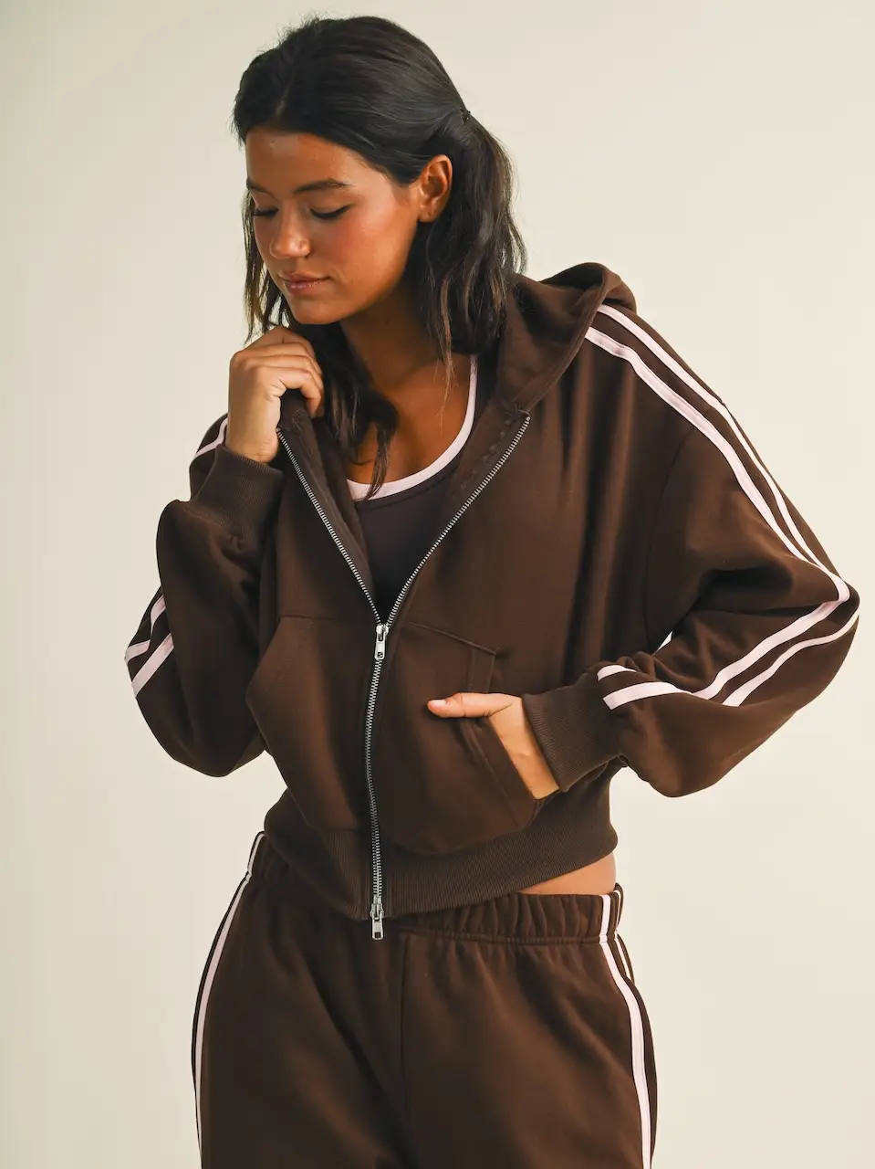 Catherine Side Stripe Cropped Zip Up Hoodie